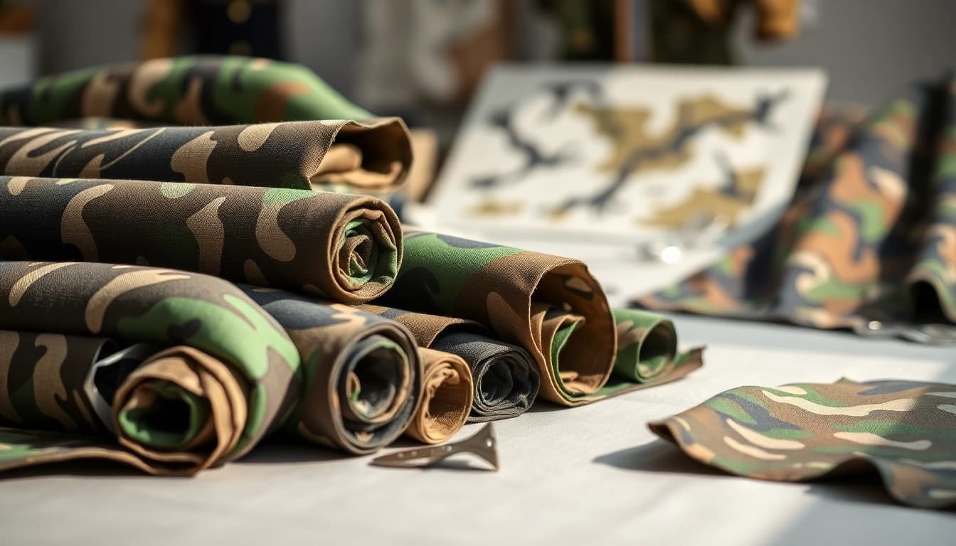 Bekijk verschillende camouflage stoffen en patroondetails op een naaiafel.