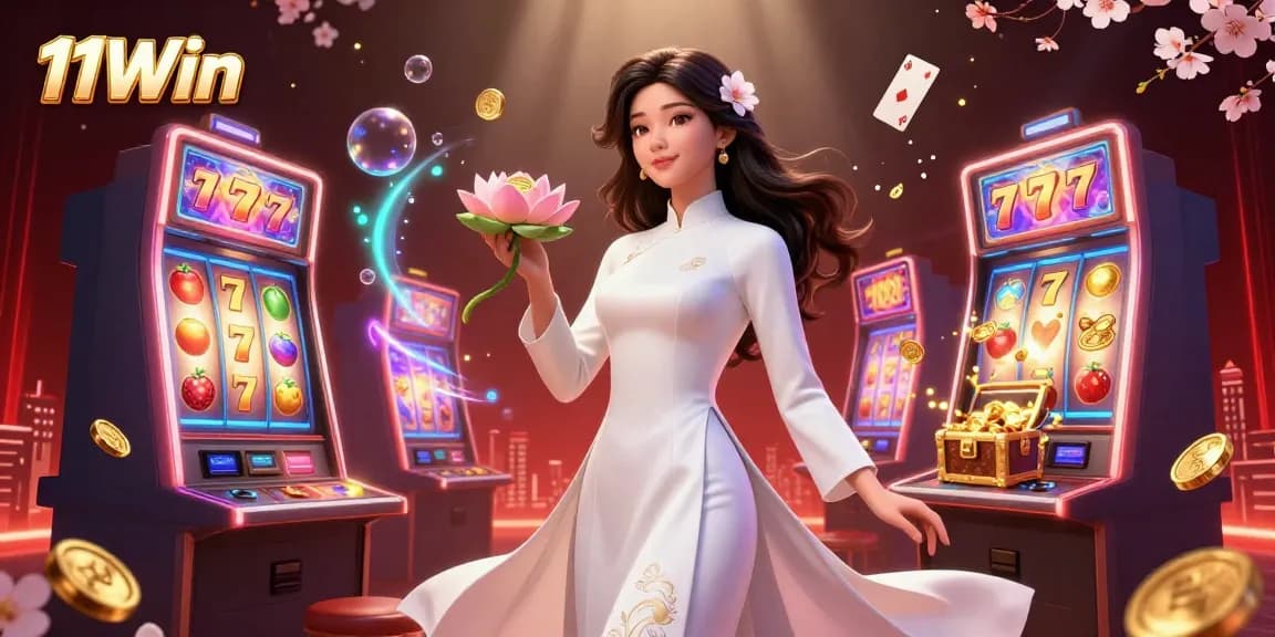 Experience thrilling slots action with 11Win's dazzling casino illustration featuring vibrant games and characters.