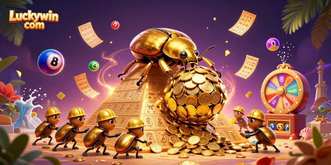 Experience the thrill of Luckywin com with a vibrant 3D casino scene featuring golden beetles and dynamic lottery games.