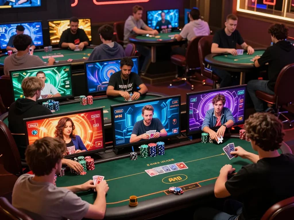 Players engaging in competitive online poker with the ok8386 gaming interface, showcasing strategy and excitement during gameplay.