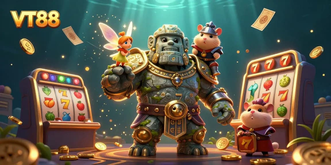 Engage with VT88 in a lively casino adventure featuring vibrant characters and slot elements.