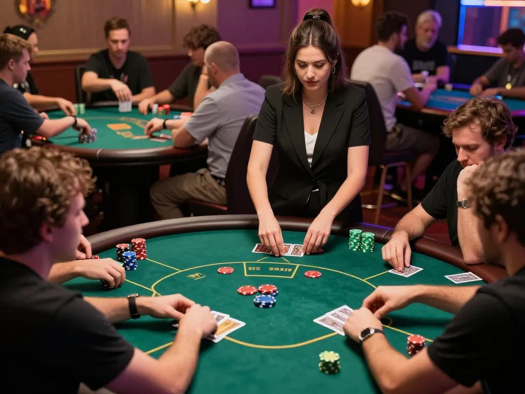 Players enjoy max88 casino poker games, strategically placing bets and competing for chips under warm lighting.
