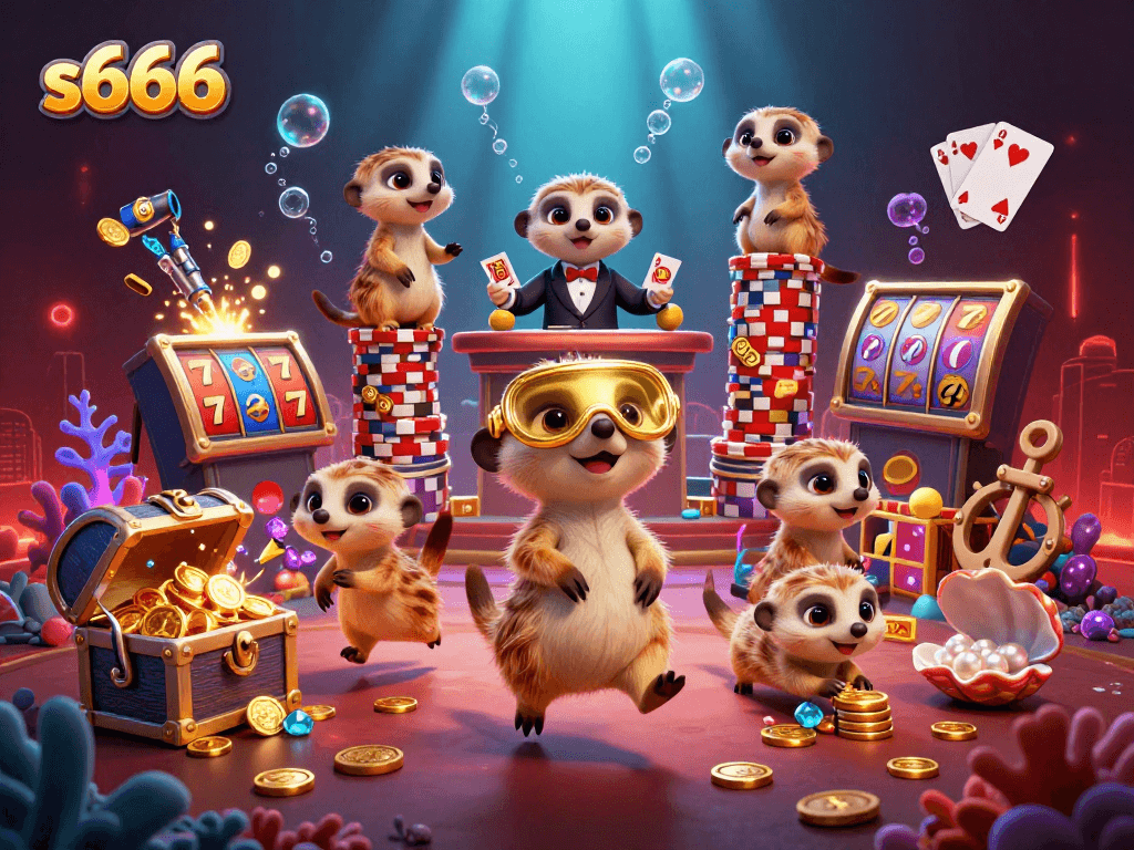 S666 immersive gaming scene with meerkats operating a lively casino surrounded by underwater treasures and colorful slots.