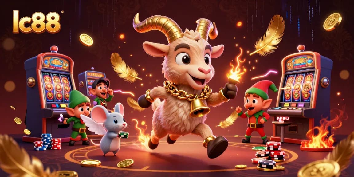 Engage with lc88's thrilling casino experience featuring a festive Krampus goat, angel mouse, and mischievous elf gremlins.