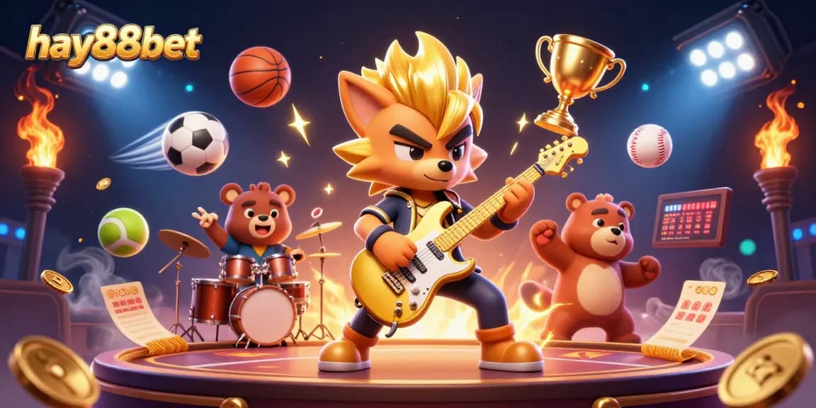 Experience high-energy gaming action at hay88bet with a colorful 3D casino scene featuring a rock star wolf.