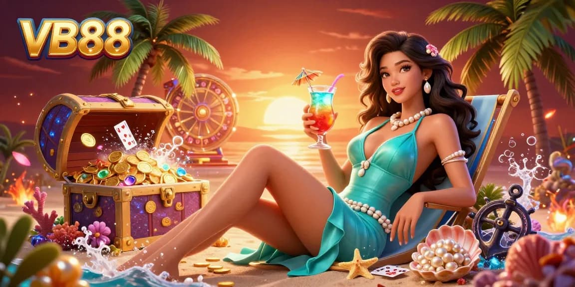 Engaging VB88 promotional illustration with a glamorous Asian woman enjoying a cocktail amidst casino treasures.