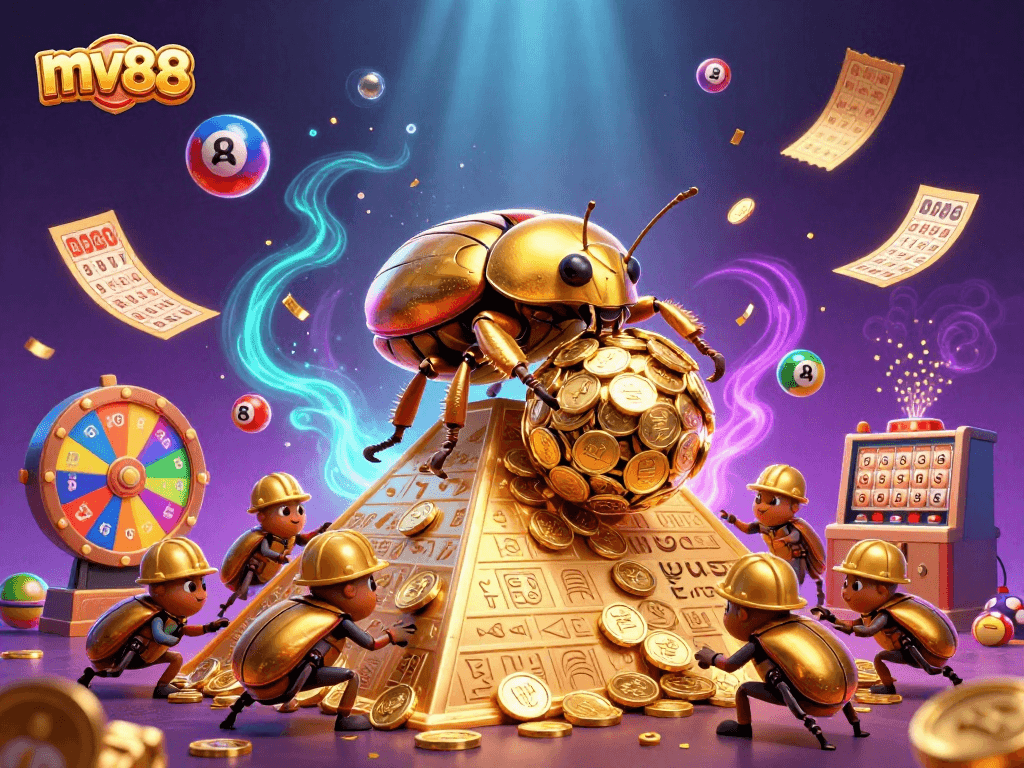 Engage with mv88's dynamic gaming experience featuring golden beetles and colorful lottery elements.