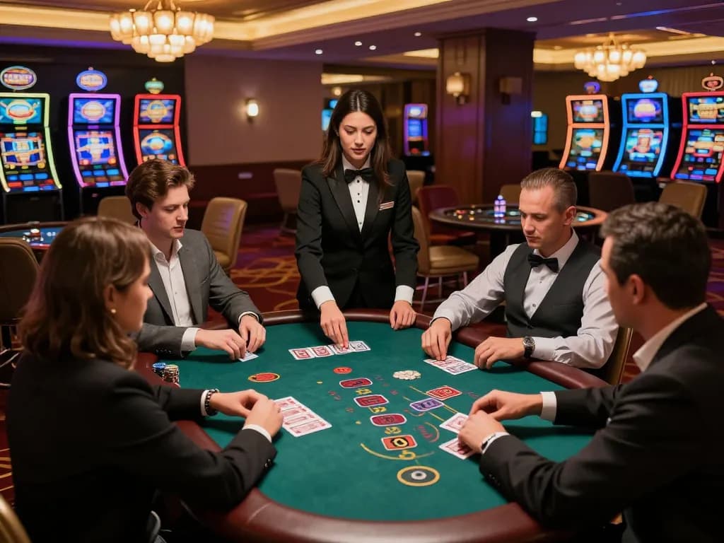 SIN888 players strategizing over an elegant blackjack table in a vibrant casino.