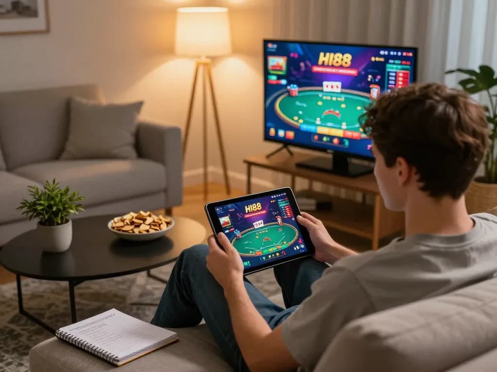 Engaged player at home using HI88's online casino platform for poker gaming.