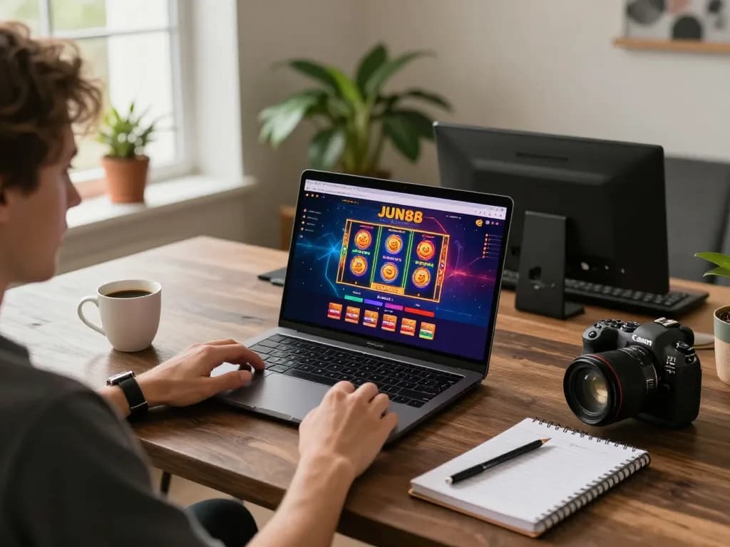 Player accessing JUN88 online casino on a laptop with vibrant slot game graphics