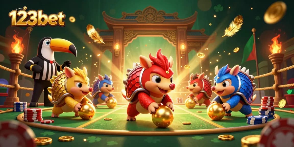 123bet showcases rival pangolins in a vibrant casino scene with poker chips and golden scales.
