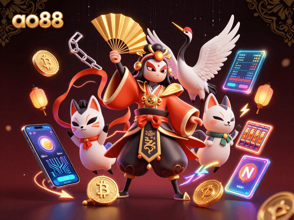 Engage with ao88's vibrant online casino world featuring dynamic gaming elements and energetic characters.