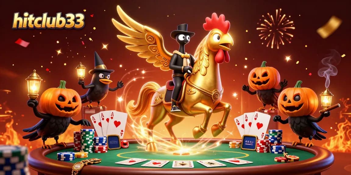 Experience excitement at hitclub33 with a golden rooster and friends in a vibrant casino scene.