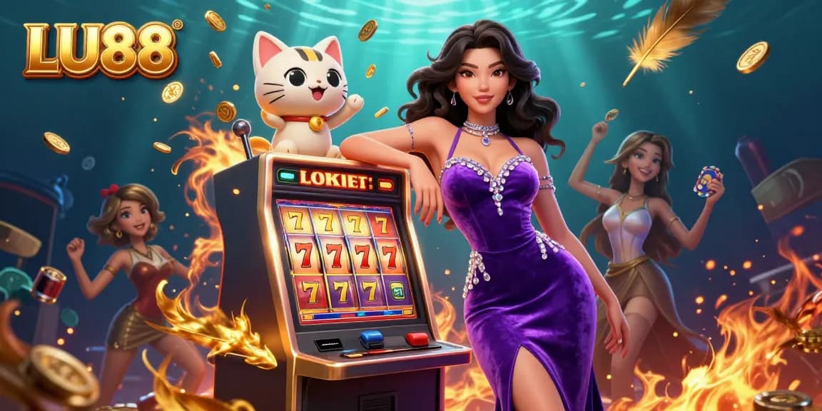LU88 jackpot celebration with a glamorous woman and a lucky cat, coins flying around.