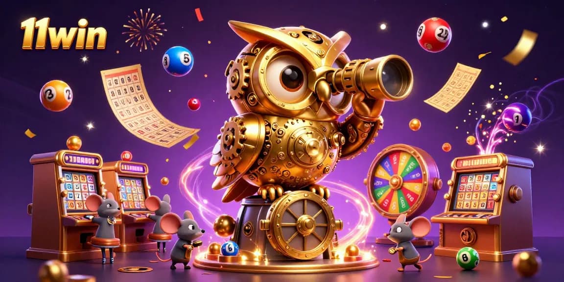 Experience the gaming excitement at 11win with detailed illustrations of slots and lottery elements.