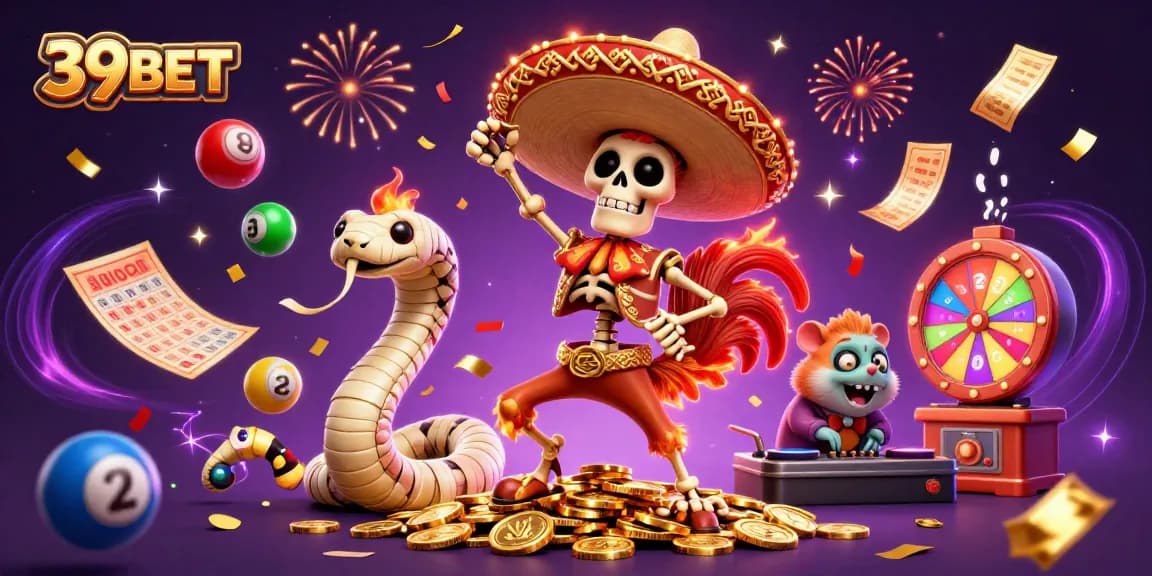 Experience the vibrant world of 39BET with thrilling casino elements and festive characters.