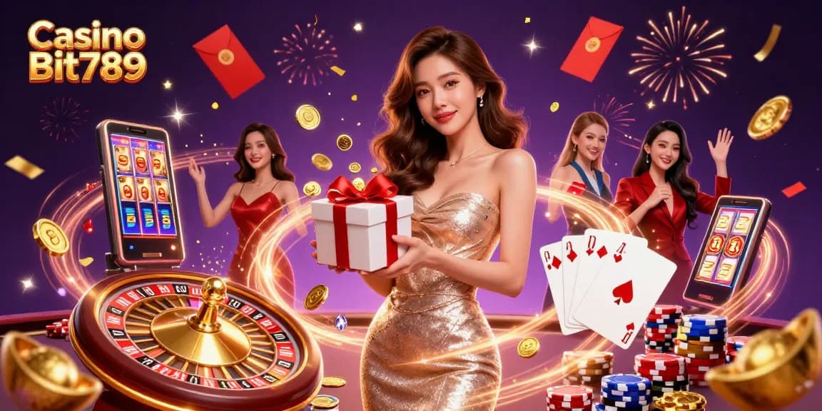 Experience the excitement of Casino Bit789 with festive elements and casino games surrounding a welcoming dealer.