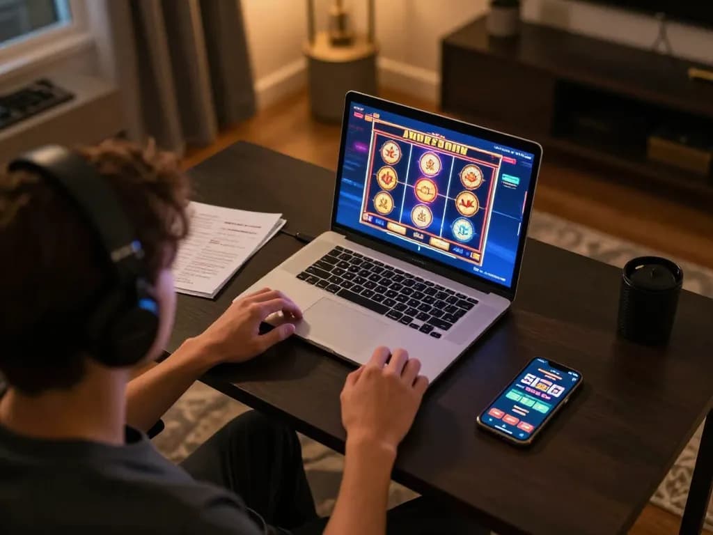 Engaging in Slot Malaysia online games at home with vibrant interface and responsible gaming notes.