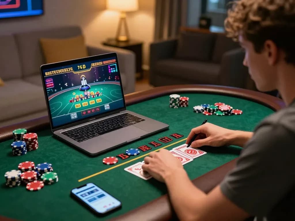 Sunwin online gaming setup featuring a player engaged with live dealer games on a laptop.