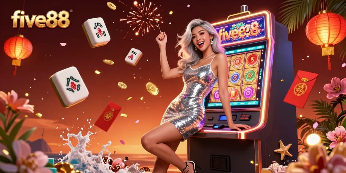 Experience the excitement of five88 with a stunning celebratory casino scene featuring slot machines, neon lights, and lavish decorations.
