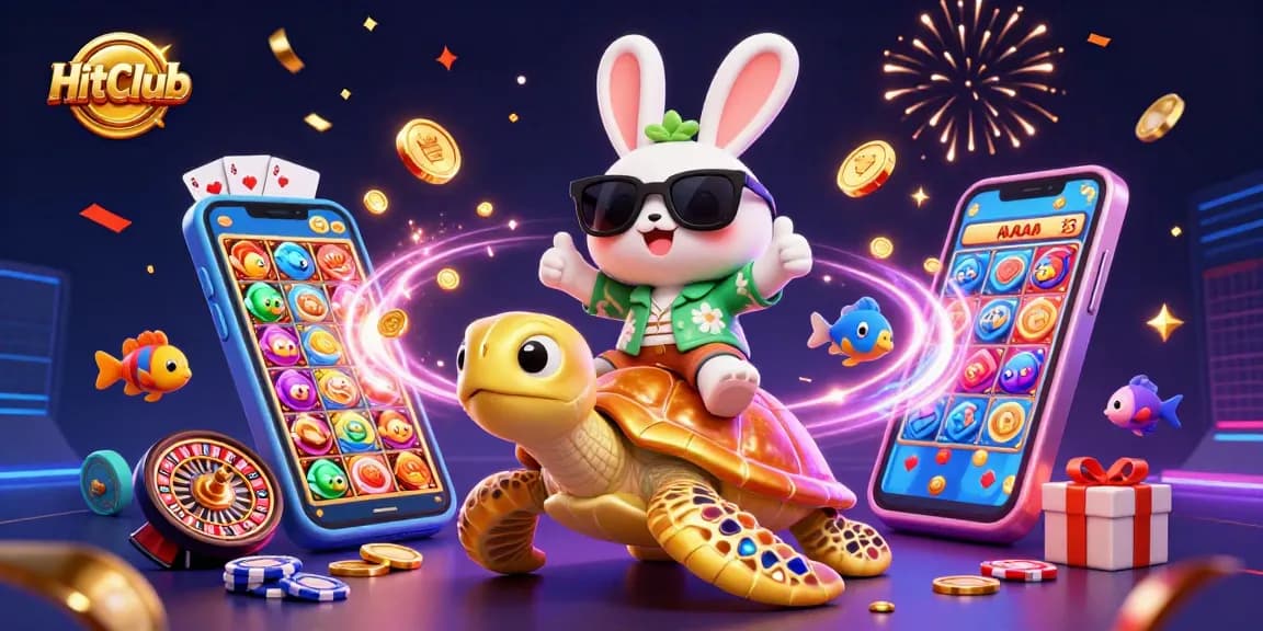 Play and win with HitClub's exciting games in a vibrant casino-themed 3D illustration.