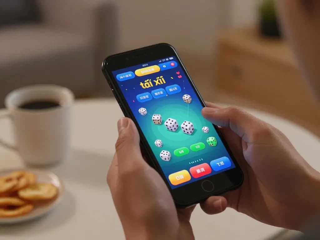 Engaging player enjoying tài xỉu online uy tín on smartphone in cozy home setting