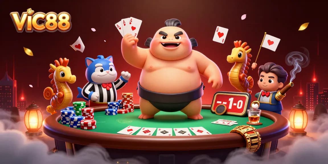 Experience the excitement at VIC88, featuring dynamic poker action with a playful blowfish and catfish referee.