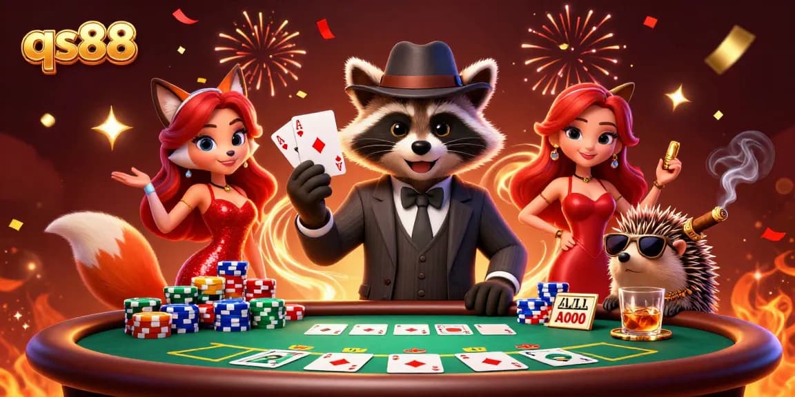 Experience the excitement of QS88 as a suave raccoon celebrates a royal flush at the poker table.