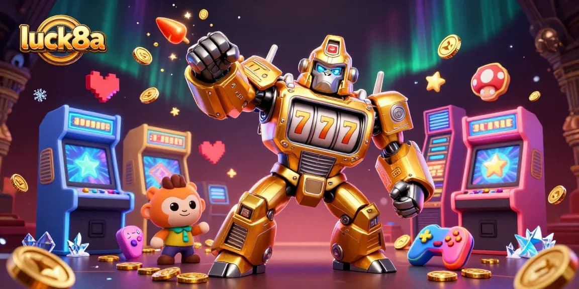 Exciting luck8a scene with a transforming gorilla mech spinning reels, coins exploding, and vibrant gaming elements.