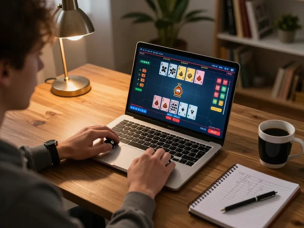 Person enjoying SC88 poker game on a laptop in a cozy home setup with notes and coffee