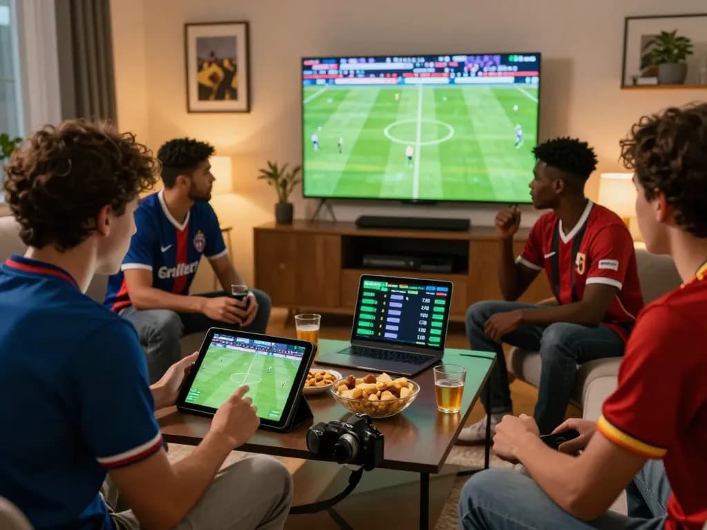 Engaging dynamic atmosphere of friends examining tỷ lệ kèo nhà cái during an exciting football game in a lively living room.