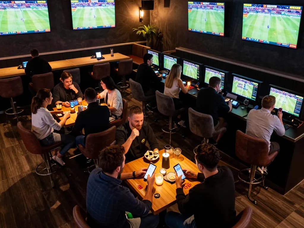 7me users engaging in sports betting at a lively lounge with multiple screens and excited bettors
