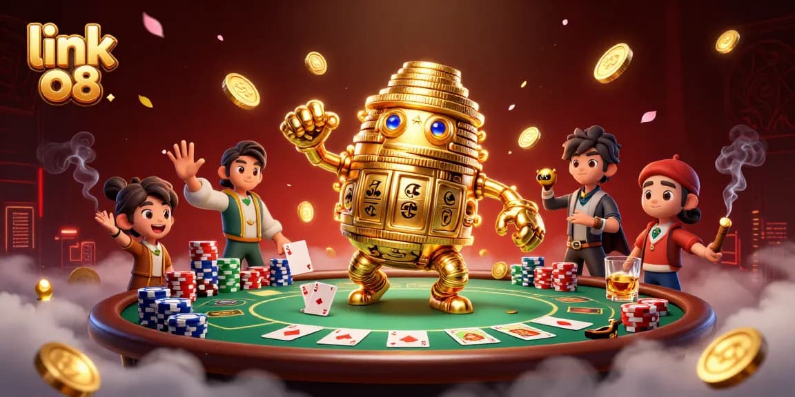 Win big with link o8 as the golden golem guards a vibrant poker scene full of excitement.