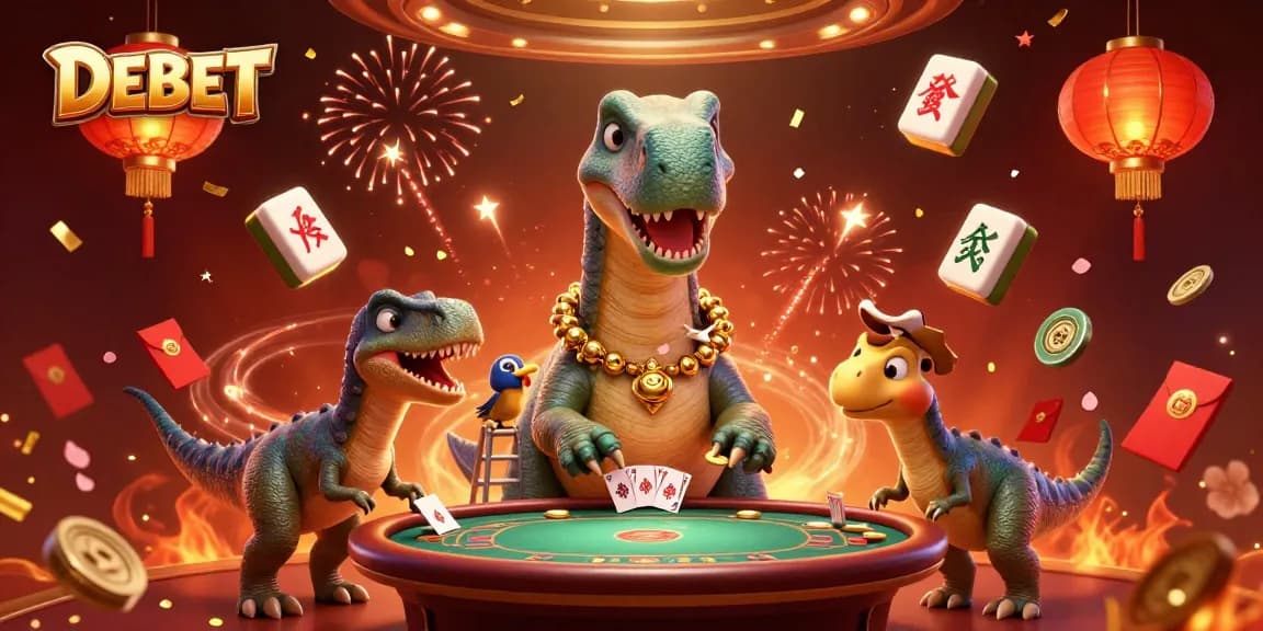Engage with thrilling DEBET gameplay featuring a giant brontosaurus overseeing a lively poker table.