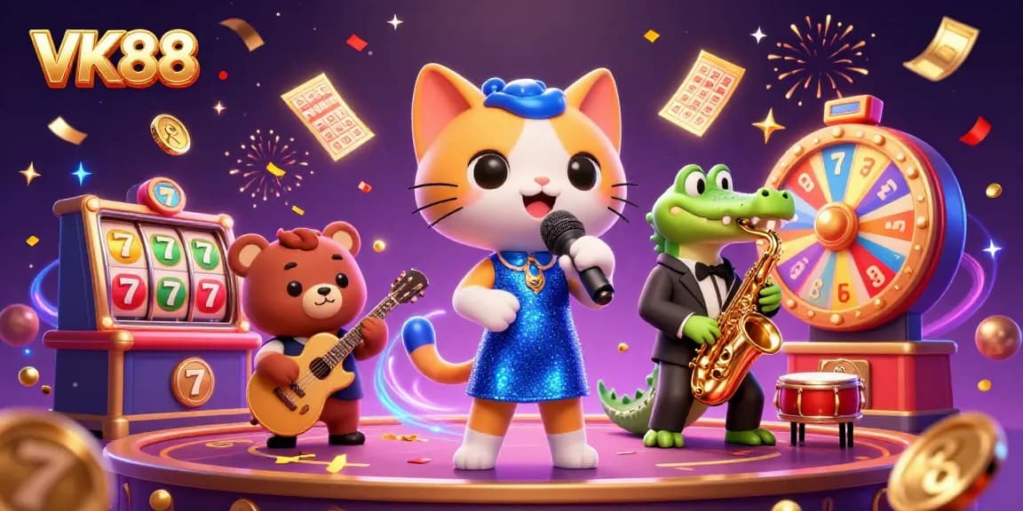 VK88 entertains with a jazz-singer cat, saxophone crocodile, and drum bear amid vibrant casino elements.