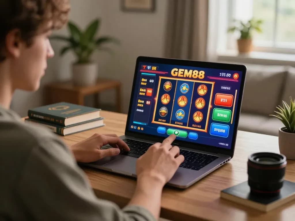 GEM88 player engaging with online casino slot game on a laptop in a cozy home environment.