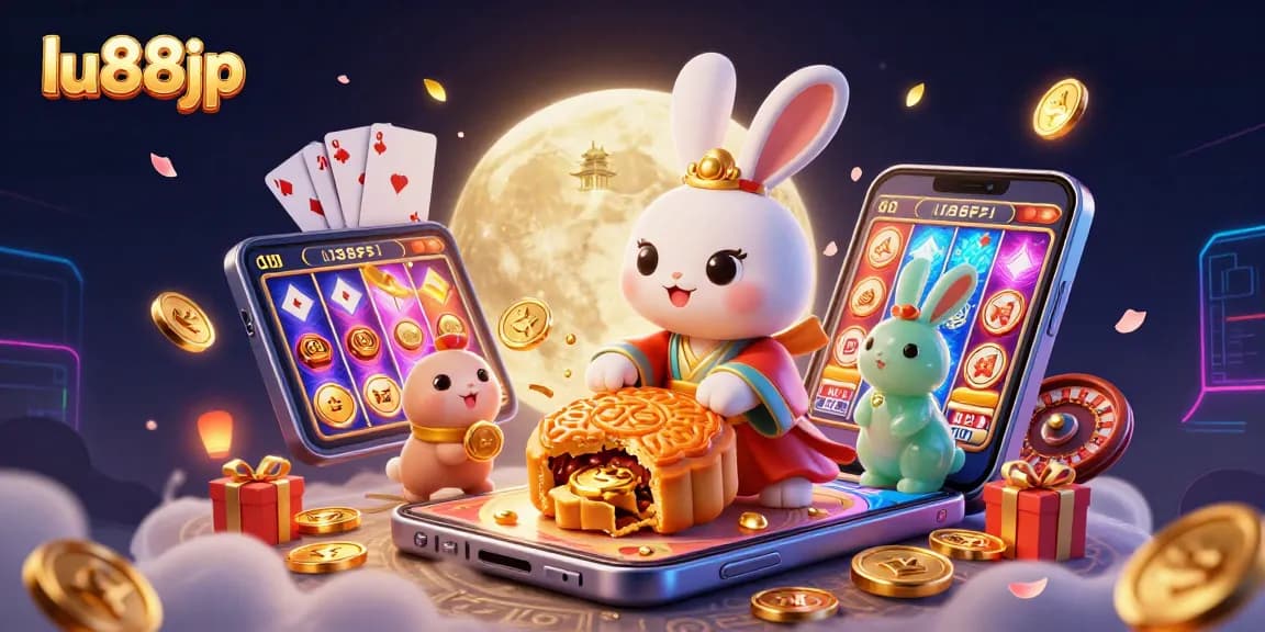 Experience thrilling gameplay with lu88jp's moon rabbit and poker chips in vibrant casino-themed illustration