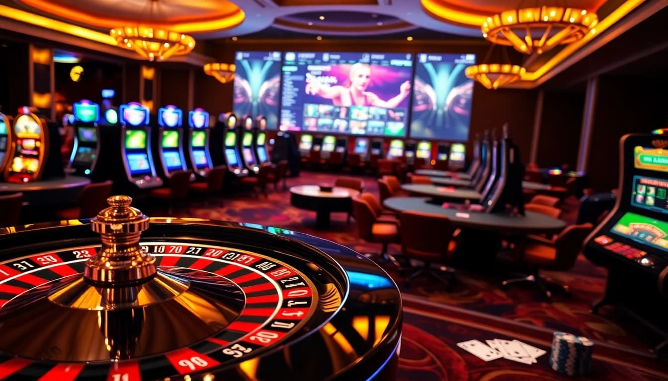 This image showcases a luxurious casino scene with gaming tables and elements from https://f168.news/, emphasizing excitement and engagement.
