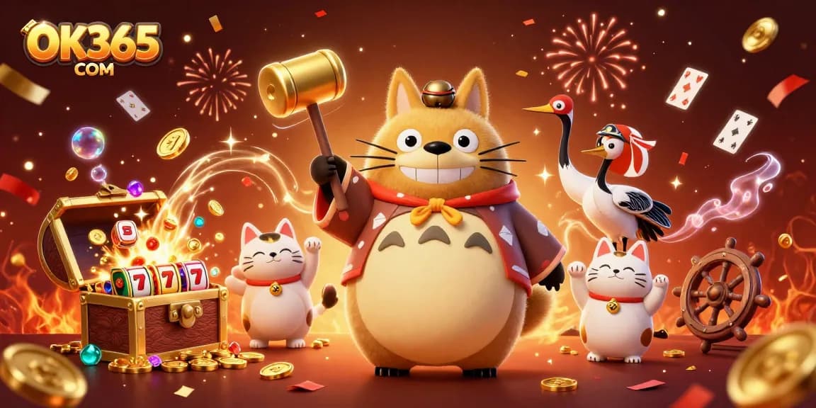 Engage with OK365 COM for exciting slot games in a vibrant 3D casino scene.
