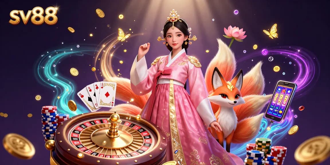 Experience sv88's vibrant casino atmosphere featuring an elegant woman, lucky fox, and dazzling game elements.