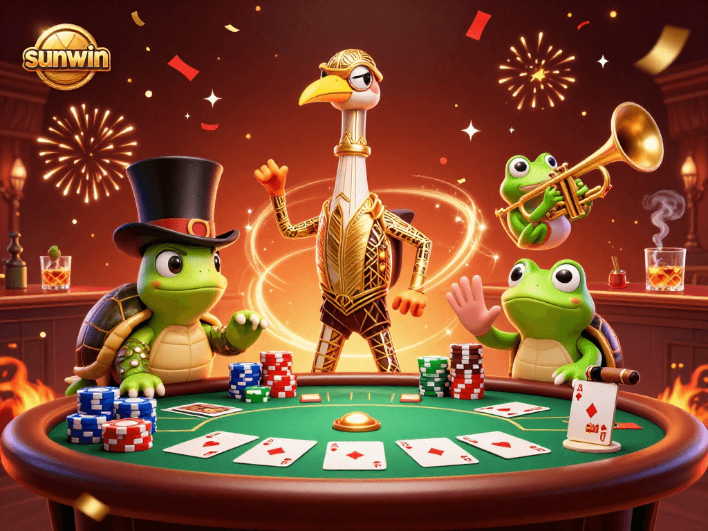 Experience the excitement of sunwin with a lively casino illustration featuring poker action.