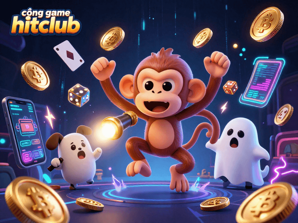 Engage in exciting gameplay at cổng game hitclub featuring a mischievous monkey juggling golden casino objects.