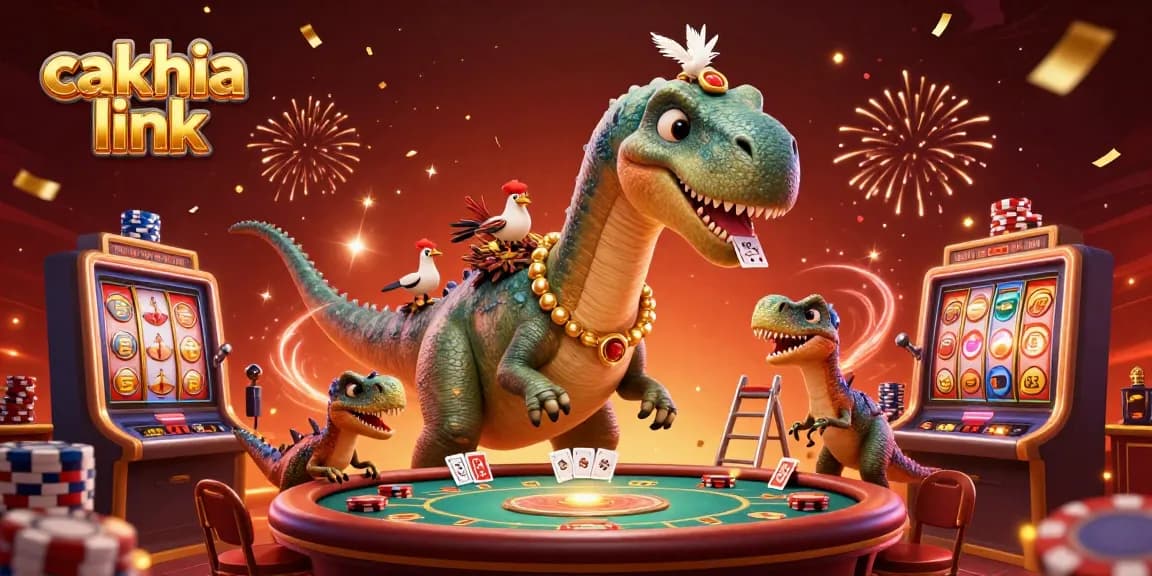 Engage with cakhia link as a clever raptor deals poker cards to an enormous brontosaurus amidst vibrant casino elements.
