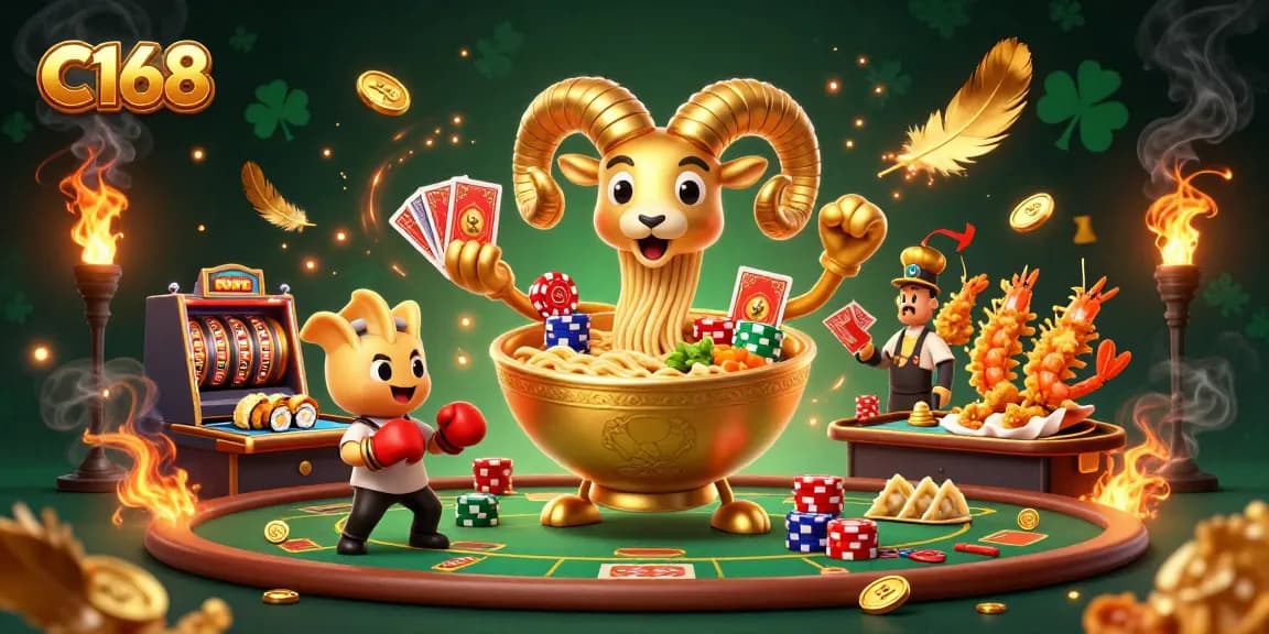 C168 brings excitement to the casino with a vibrant 3D illustration of fun gambling characters.