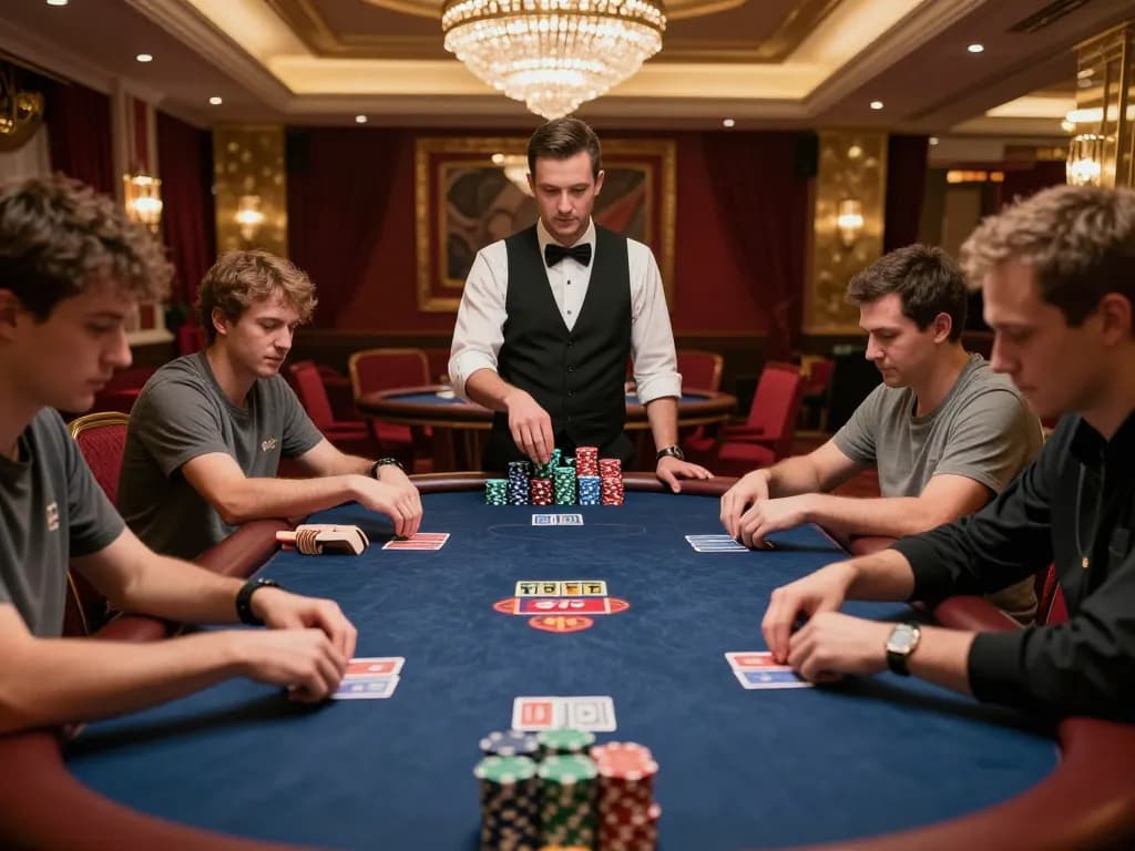 five88 players anxiously placing bets during an exciting poker game in a luxury casino.