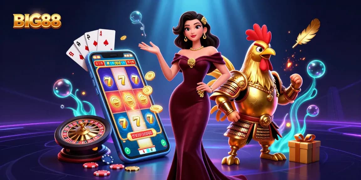 Experience BIG88 with thrilling slot games and vibrant casino elements in a dazzling 3D illustration.