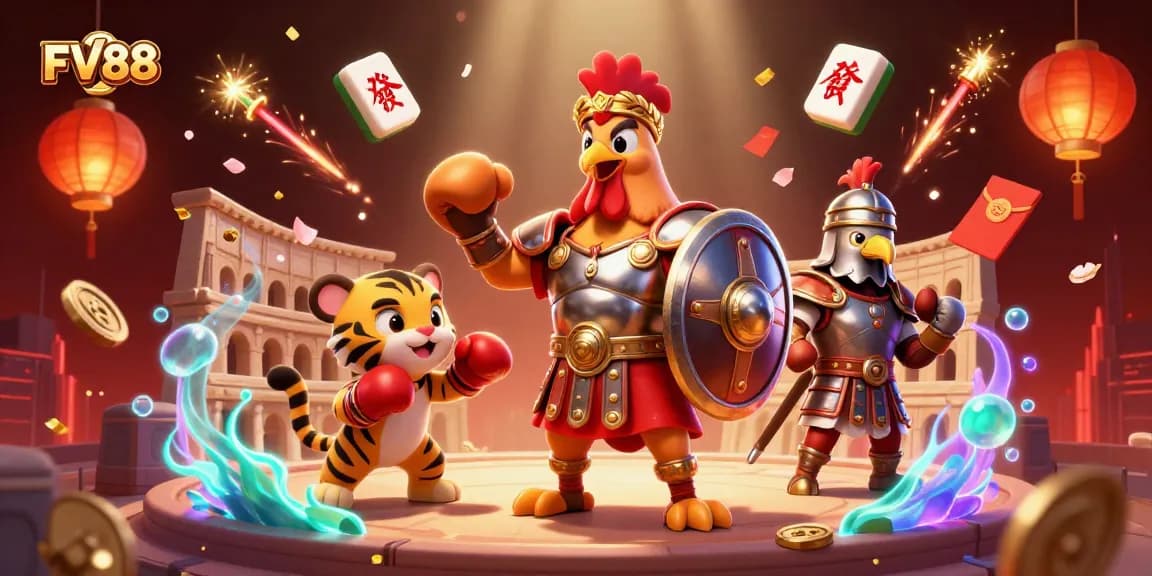 Engage with thrilling gaming at FV88, showcasing dynamic characters amidst vibrant casino elements.
