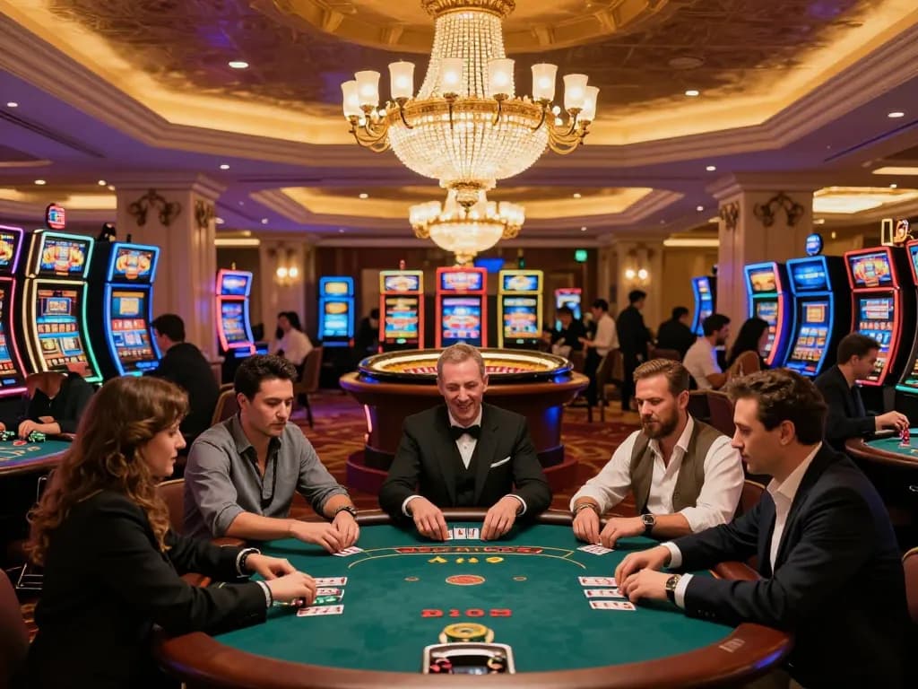 ve88 casino floor showcasing players at poker tables, vibrant atmosphere, luxury gambling experience