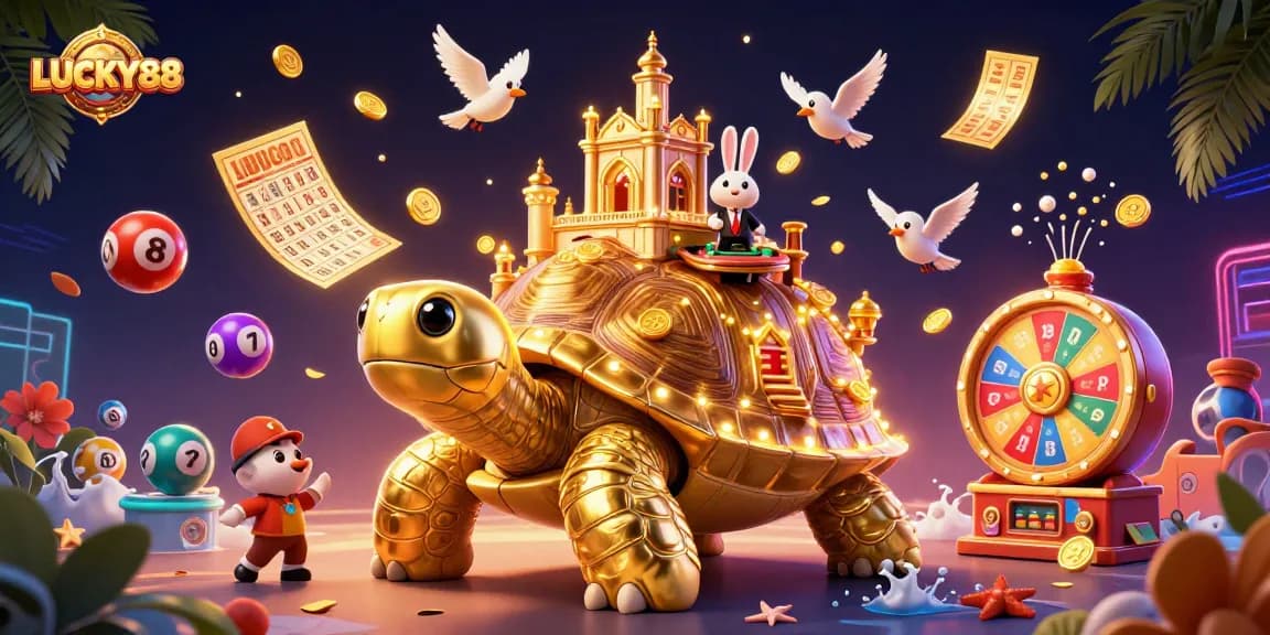Engage in thrilling gameplay with LUCKY88, featuring a vibrant 3D scene of exciting casino elements.