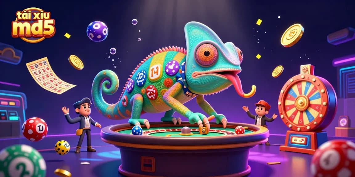 Experience the excitement of tài xỉu md5 while the chameleon owner catches golden coins amidst vibrant casino games.